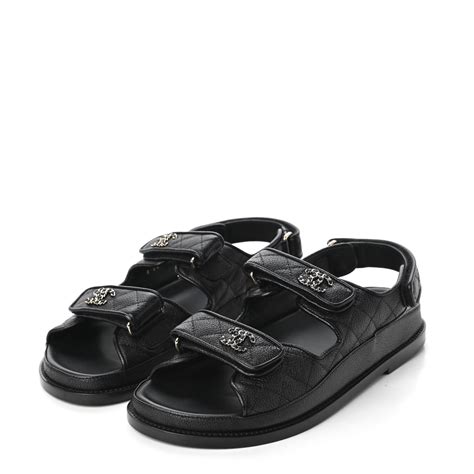 CHANEL Grained Calfskin Velcro Dad Sandals 38 Black